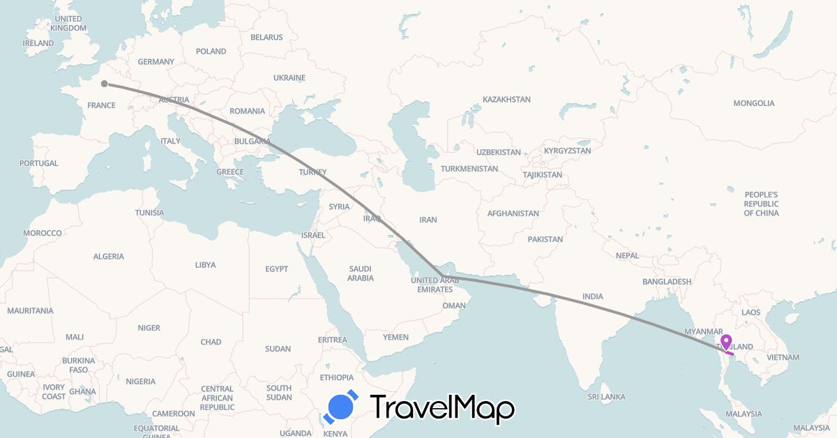 TravelMap itinerary: driving, bus, plane, train in United Arab Emirates, France, Thailand (Asia, Europe)